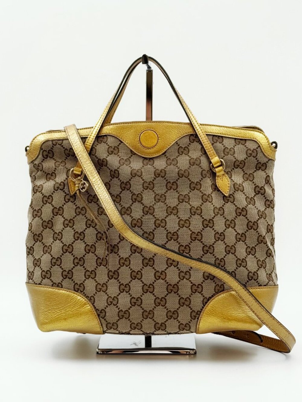 Gucci GG Canvas Gold Leather Trim Tote Bag Shoulder Crossbody Bag